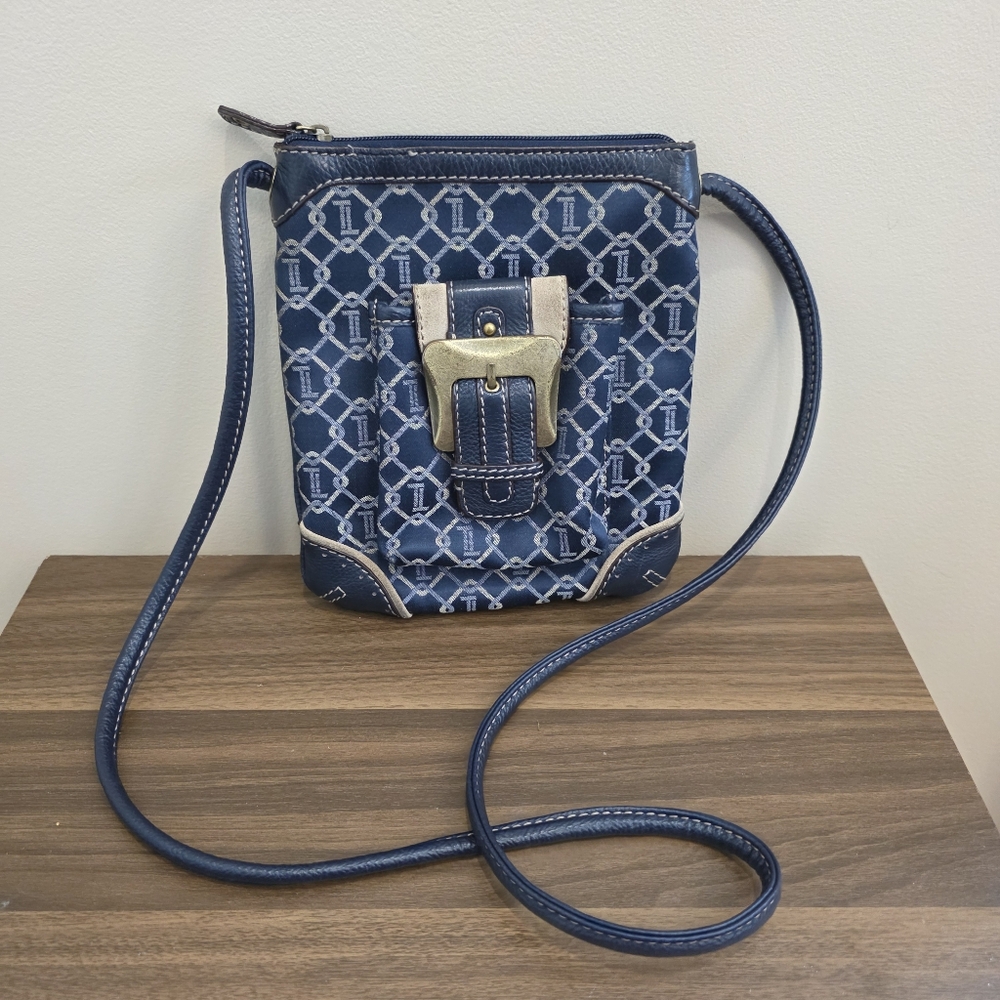 Tignanello Navy Blue Canvas Cross Body Handbag Zipper Top Front Magnetic Pocket